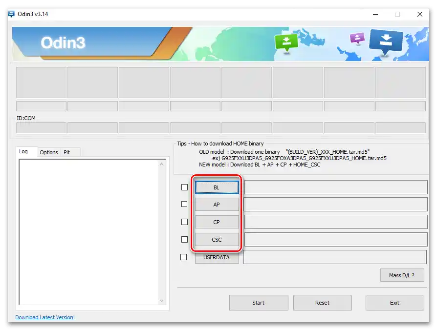 Samsung Galaxy S5 (SM-G900FD) ODIN tlačidlo na načítanie komponentov viacdielnej firmvéru do programu