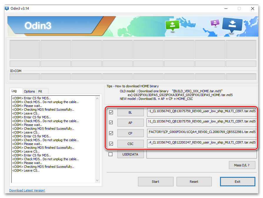 Všetky komponenty viacfázového (servisného) firmvéru pre Samsung Galaxy S5 (SM-G900FD) boli načítané do programu ODIN