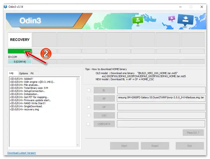 Samsung Galaxy S5 Odin proces nahrávania obrazu vlastného recovery TWRP do smartfónu cez program