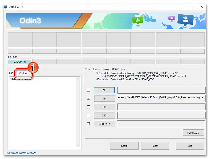 Prechod na kartu Možnosti v programe Odin pre inštaláciu TWRP na smartfóne Samsung Galaxy S5