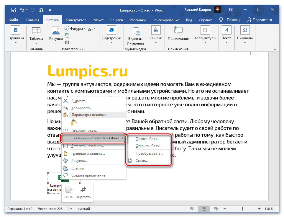 Додаткові параметри зв'язку для файлу з таблицею Excel у вигляді об'єкта в текстовому документі Word