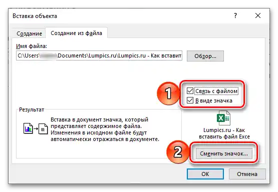 Додаткові параметри вставки файлу з таблицею Excel у вигляді об'єкта в текстовому документі Word