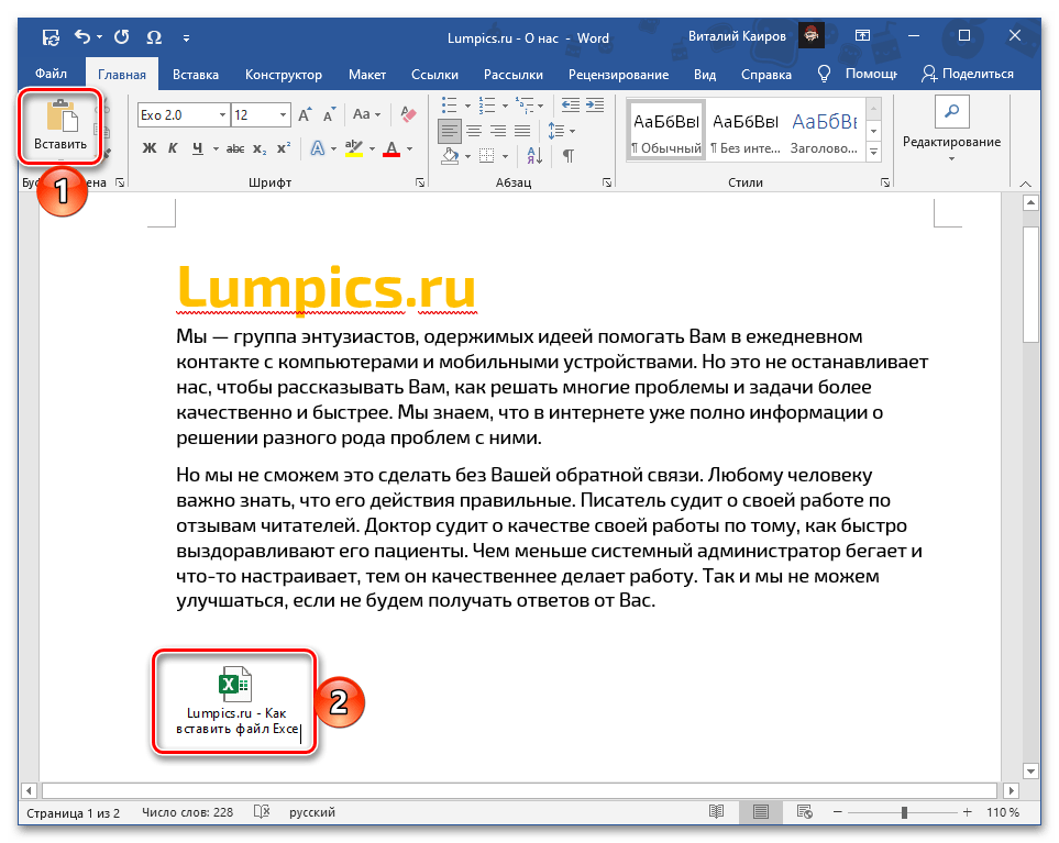 Результат звичайного вставлення файлу з таблицею Excel у текстовий документ Word
