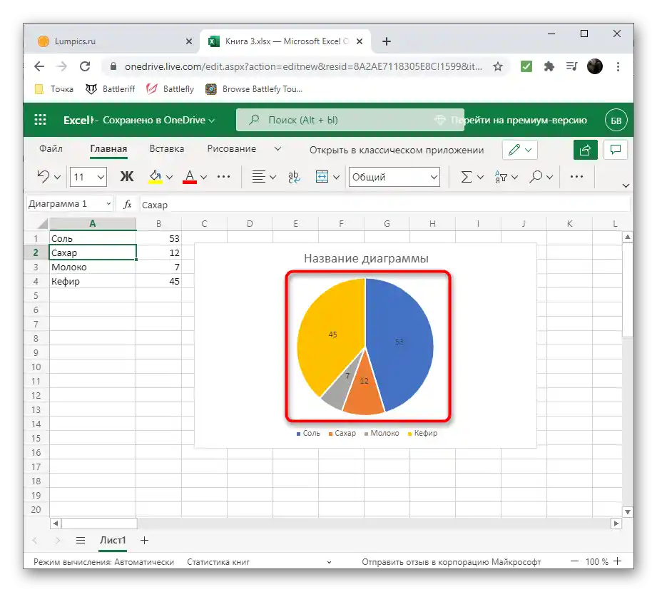Izbira oblike v Excelu Online za ustvarjanje diagrama v odstotkih na računalniku