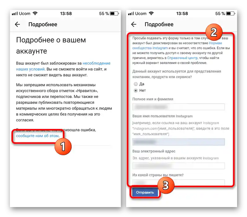 Primer izpolnjevanja obrazca za povratne informacije ob blokadi računa v aplikaciji Instagram