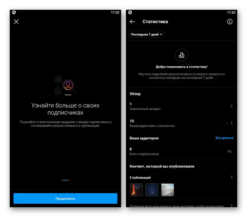 Primer dela s statistiko v mobilni aplikaciji Instagram