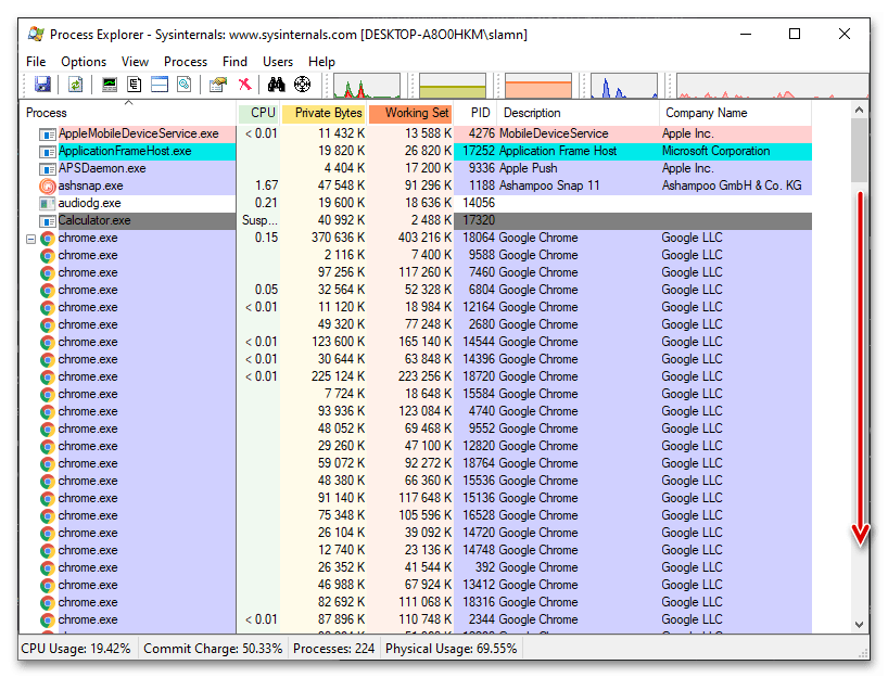 Търсене на процес за спиране в прозореца на Process Explorer - алтернативен Диспечер на задачите за Windows 10