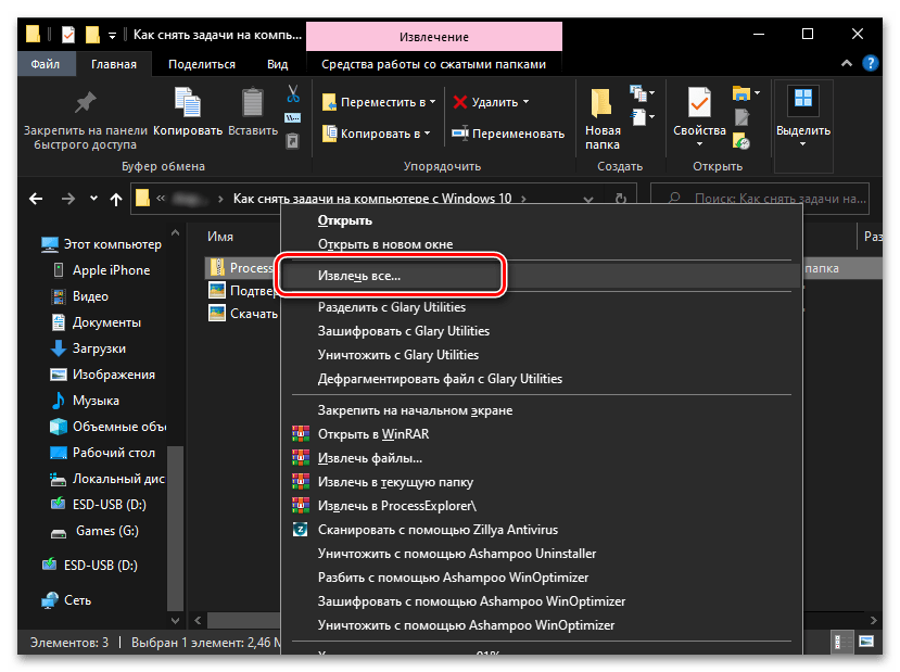 Разархивирайте архива с Process Explorer - алтернативен Диспечер на задачите за Windows 10