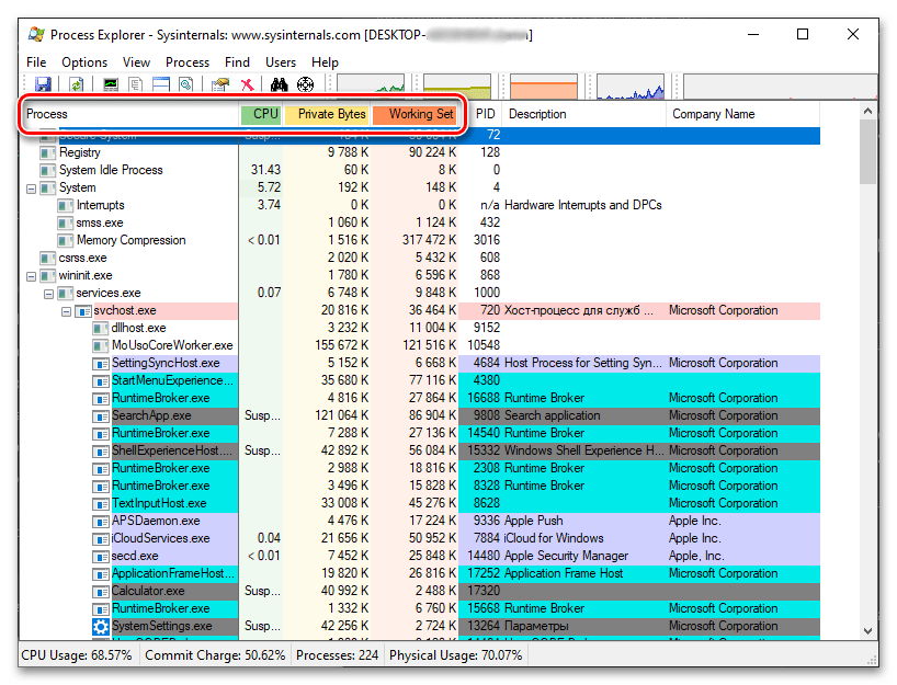 Подредете приложения в прозореца Process Explorer - алтернативен Диспечер на задачите за Windows 10
