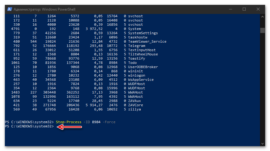Резултат от изпълнението на командата за премахване на задача в PowerShell в ОС Windows 10