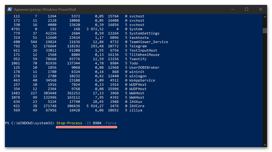 Команда за премахване на задача по номер в PowerShell в ОС Windows 10