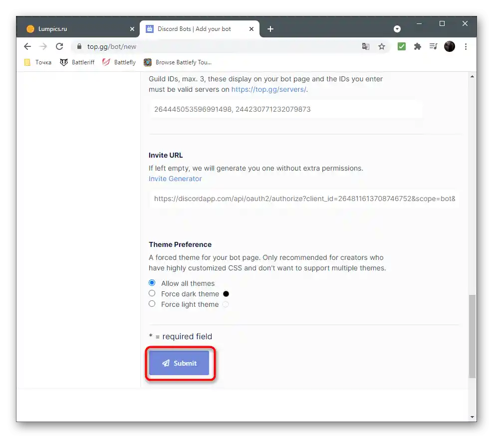 Potrditev dodajanja projekta za promocijo bota na Discordu