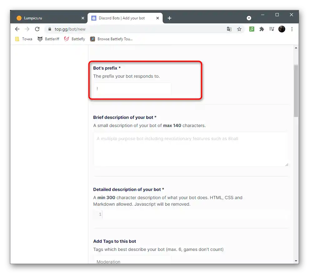 Izbira predpone projekta za promocijo bota v Discordu