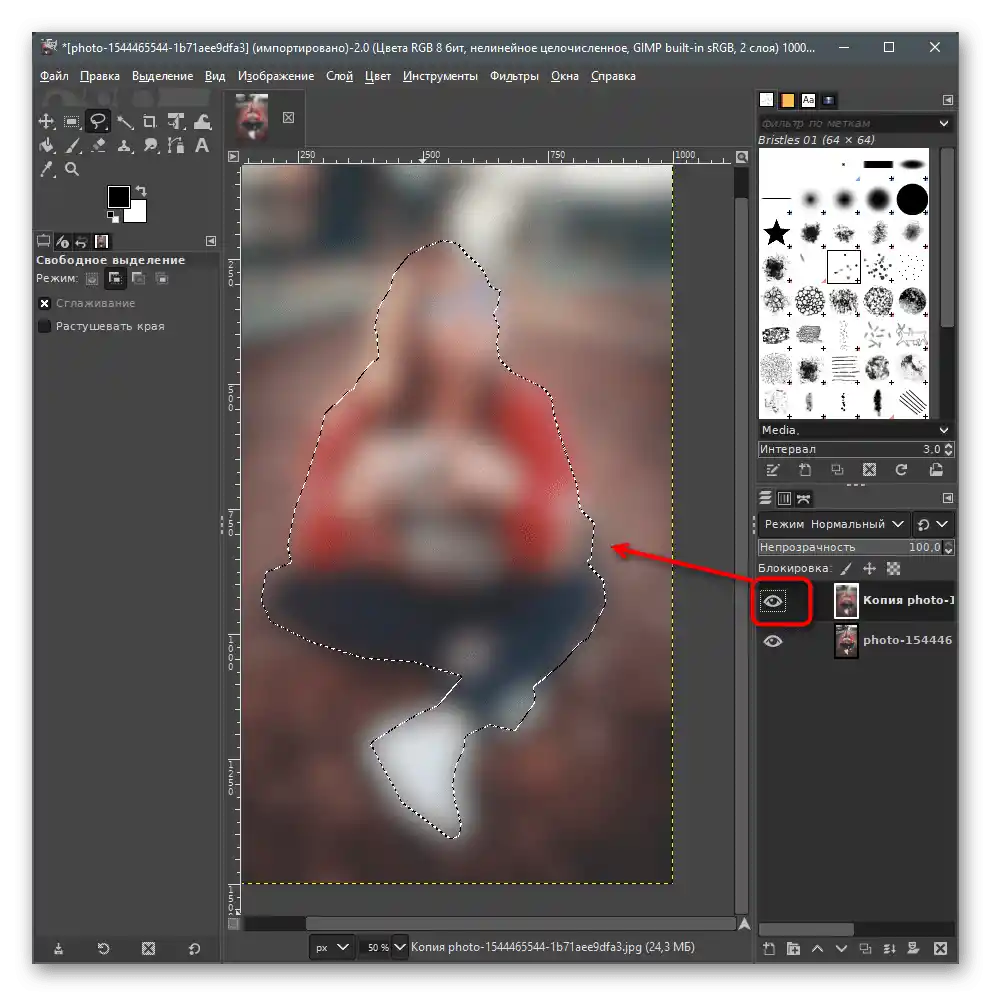 فعالسازی لایه بالایی برای محو کردن پسزمینه در عکس در GIMP