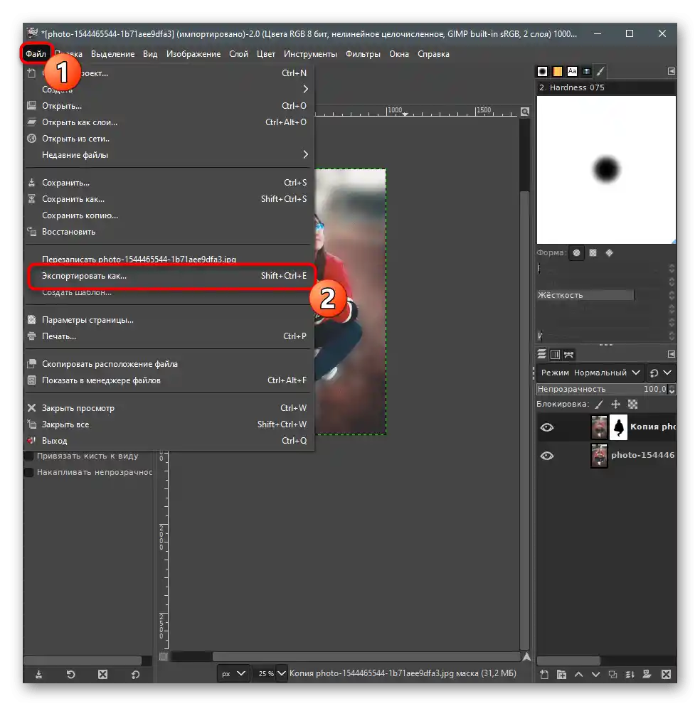 انتقال به صادرات پروژه برای محو پسزمینه در عکس در GIMP
