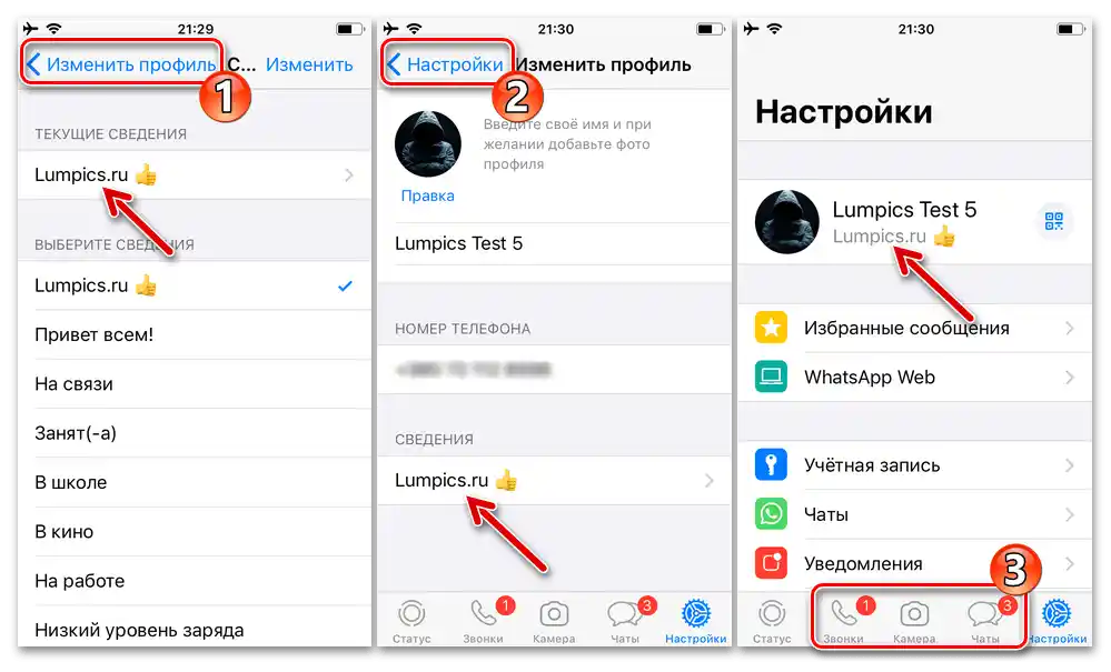 WhatsApp за iPhone - Изход от настройките на мессенджера след избор или въвеждане и задаване на своя текстов статус в услугата