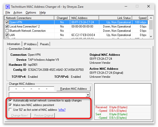Допълнителни настройки за промяна на MAC адреса на компютъра в Windows 10 чрез Technitium MAC Address Changer