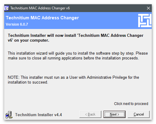 Инструкции в инсталатора за промяна на MAC адреса на компютъра в Windows 10 чрез Technitium MAC Address Changer
