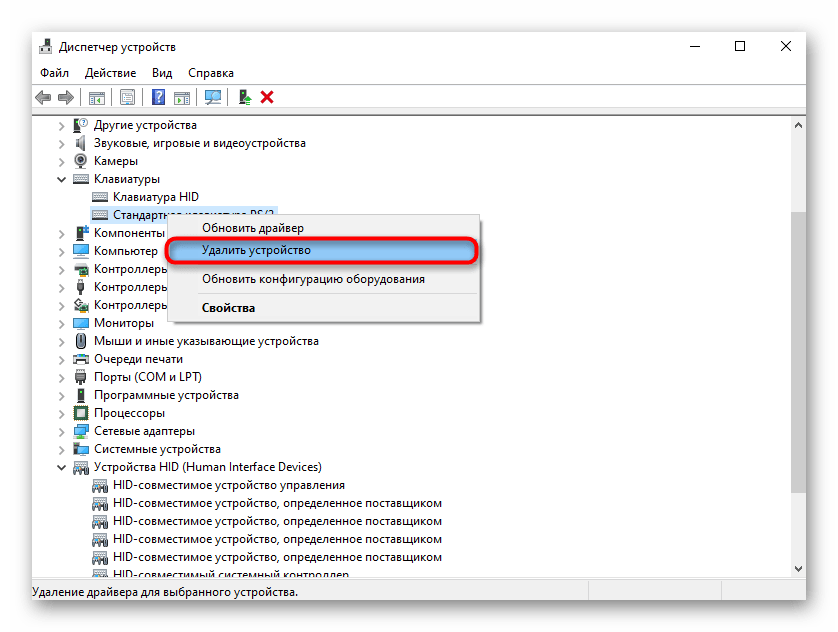 Opcja usunięcia klawiatury jako urządzenia z Menedżera urządzeń w systemie Windows 10