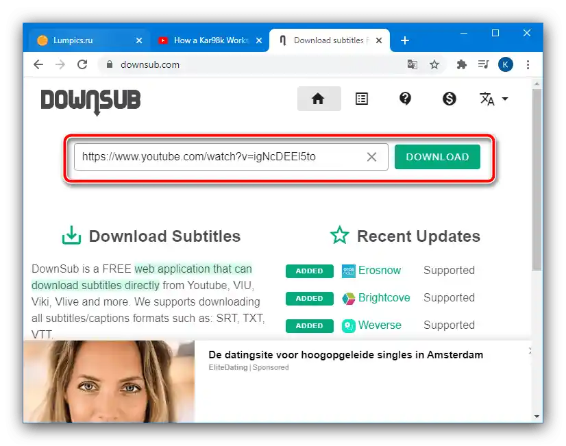 Въведете адреса на видеото за изтегляне на субтитри от YouTube чрез уеб услугата