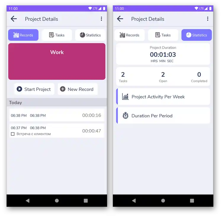 Interfejs aplikacji do zarządzania czasem Timely Time Management and Productivity Hours na Androida