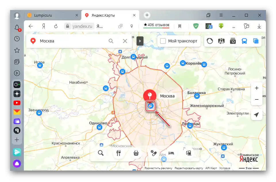 Izbira območja premikanja javnega prevoza v Yandex Zemljevidih