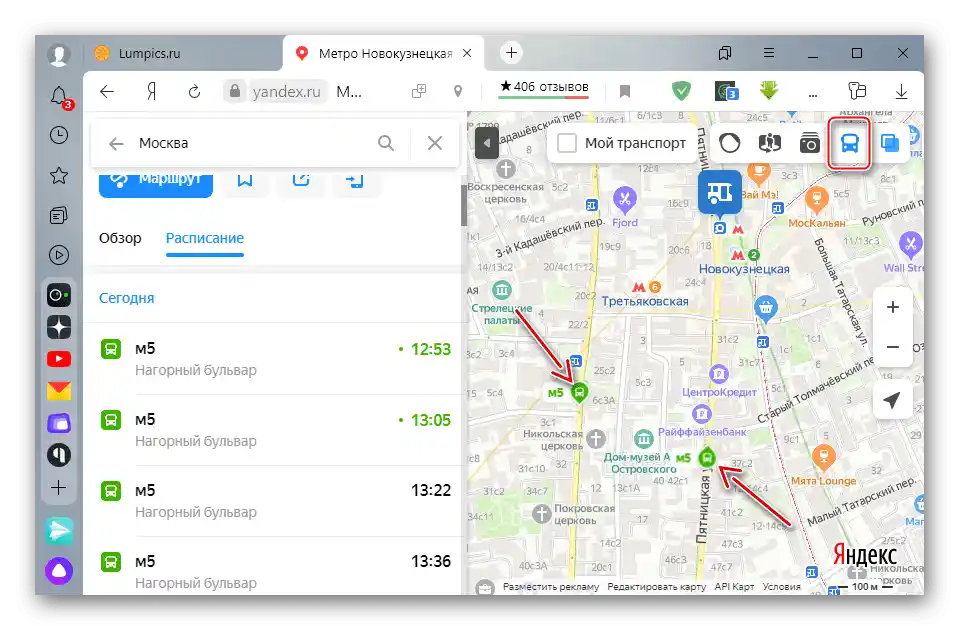 Sledenje gibanju avtobusa v realnem času v Yandex Zemljevidih