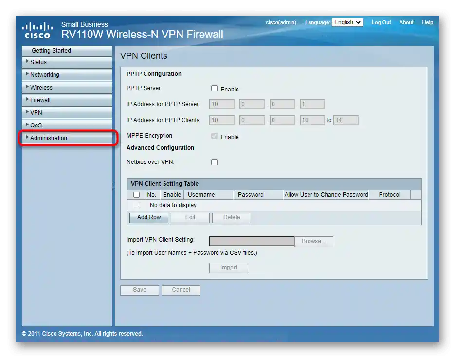 الانتقال إلى إعدادات الإدارة في واجهة الويب لجهاز التوجيه Cisco