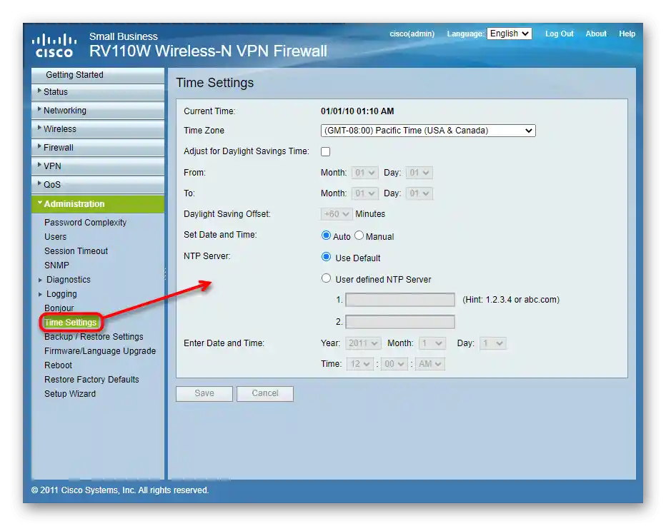 إعداد الوقت من خلال أدوات إدارة جهاز التوجيه Cisco