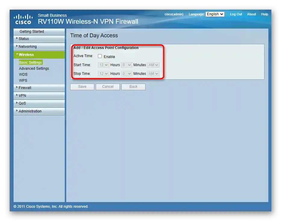 إعداد جدول عمل الشبكة اللاسلكية لجهاز التوجيه Cisco
