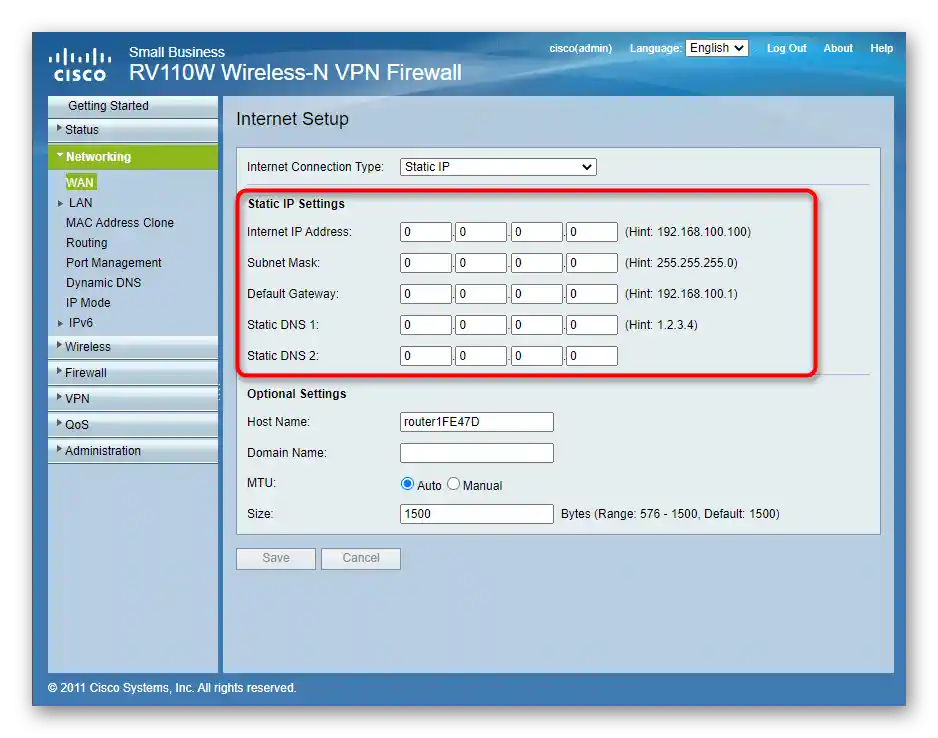 ملء المعلومات عند استخدام عنوان ثابت من خلال واجهة الويب لجهاز التوجيه Cisco
