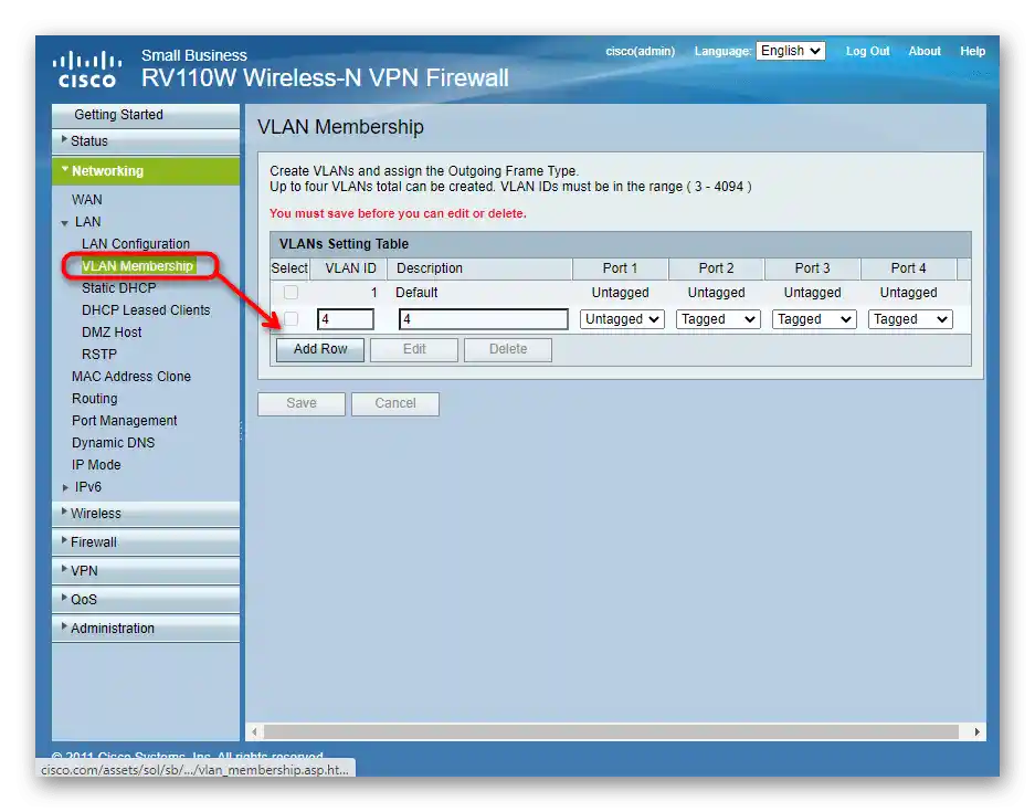 إضافة الشبكات المحلية الافتراضية من خلال واجهة الويب لجهاز التوجيه Cisco