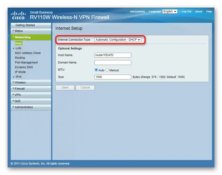 اختيار الاتصال التلقائي في إعدادات الشبكة من واجهة الويب لجهاز التوجيه Cisco