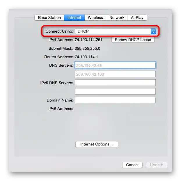 وضع التشغيل التلقائي للحصول على معلمات الشبكة لجهاز التوجيه Apple عبر التطبيق