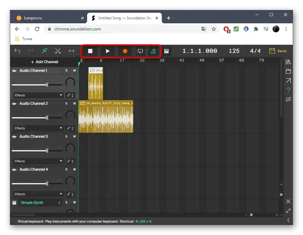 Nástroje pro přehrávání skladby během mixování v online službě Soundation