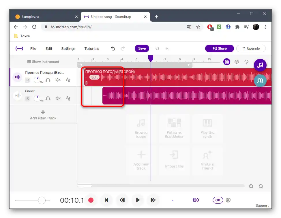 Umístění stop na pracovním prostoru při mixování v online službě SoundTrap