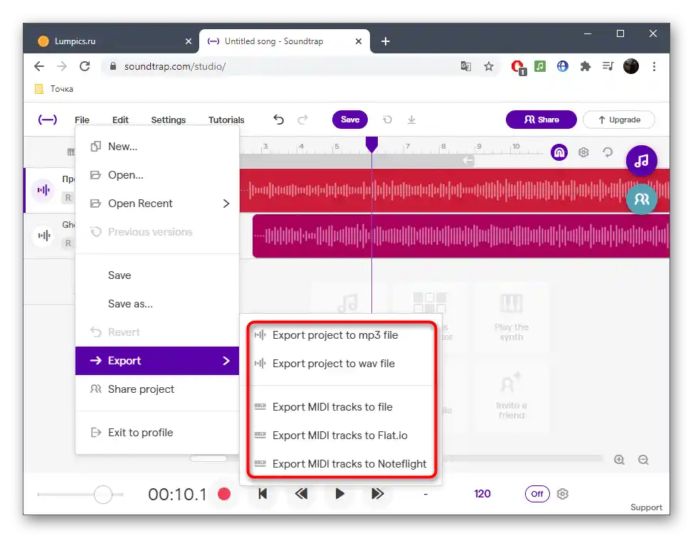 Výběr formátu uložení skladby po smíchání v online službě SoundTrap