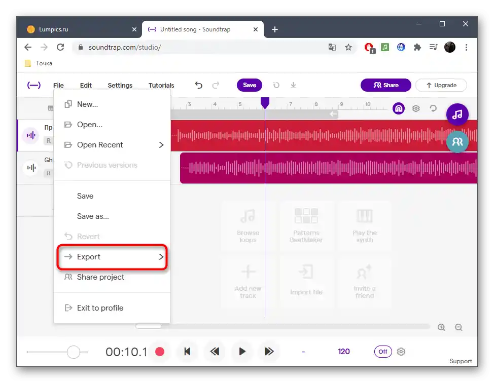 Výběr funkce exportu po smíchání stopy v online službě SoundTrap
