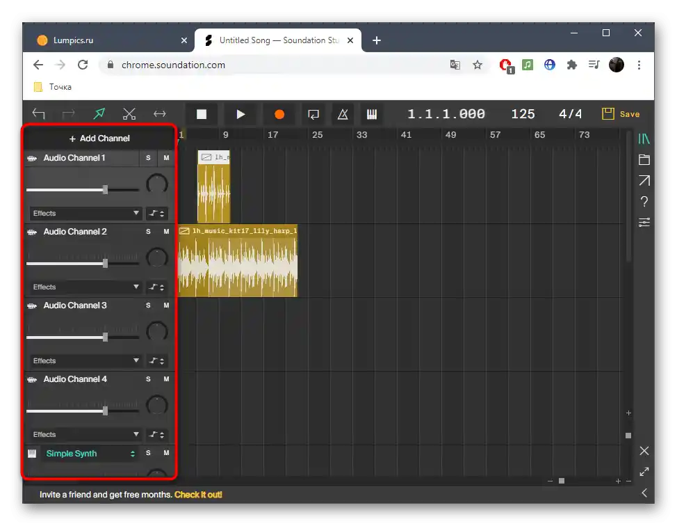 Správa stop během míchání skladby prostřednictvím online služby Soundation