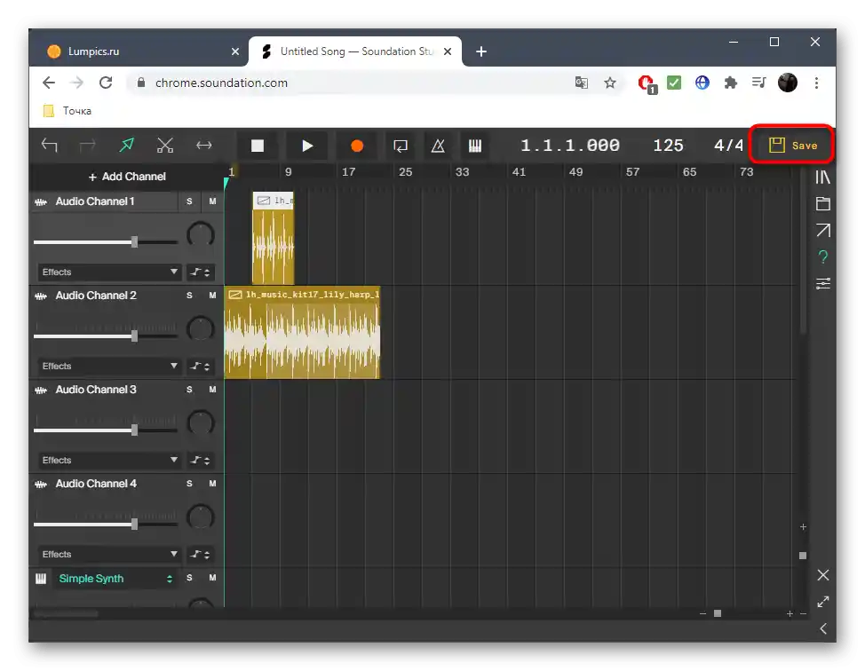 Přechod k uložení skladby po smíchání v online službě Soundation