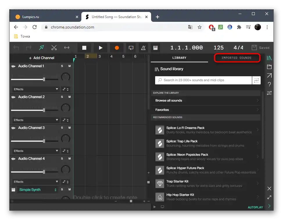 Přechod k importu fragmentů pro smíchání stopy v online službě Soundation