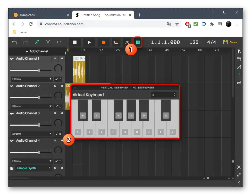 Použití virtuální klávesnice při mixování skladby v online službě Soundation