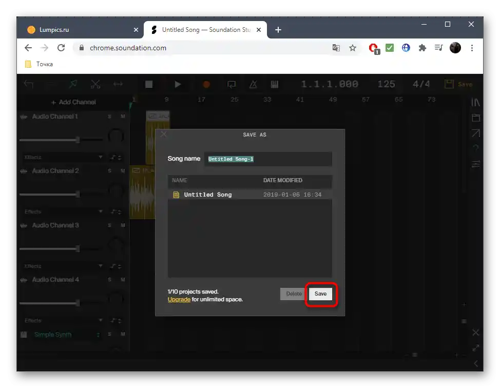 Potvrzení o uložení skladby po smíchání v online službě Soundation