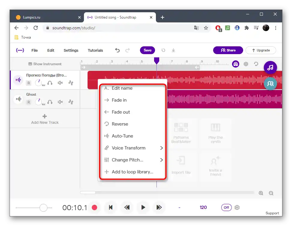 Nástroje pro úpravu stop při mixování prostřednictvím online služby SoundTrap