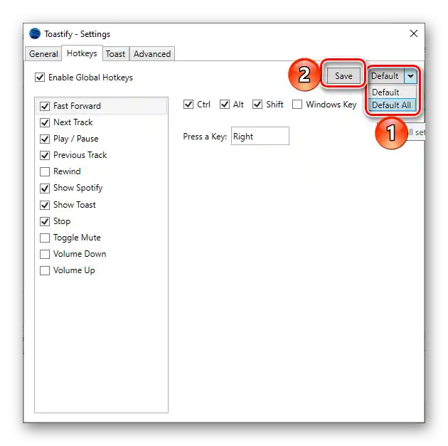 Obnovenie priradených klávesových skratiek v aplikácii Toastify pre Spotify na PC
