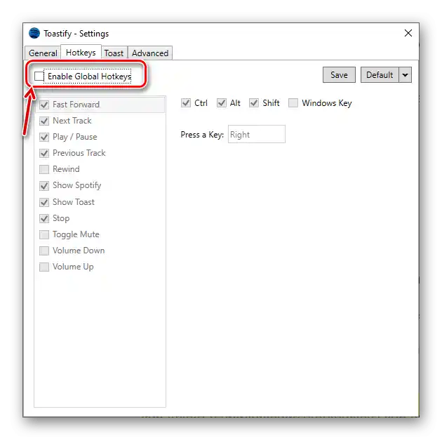 Štandardné klávesové skratky v aplikácii Toastify pre Spotify na PC
