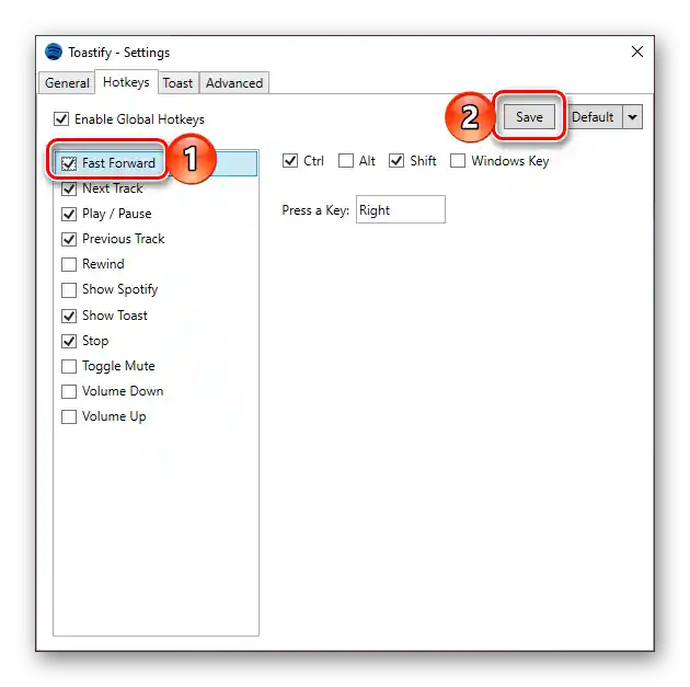 Nastavenie vlastnej kombinácie klávesov v aplikácii Toastify pre Spotify na PC