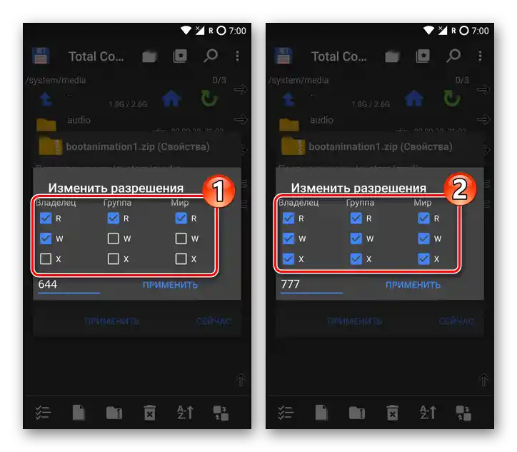 Total Commander za Android - postavljanje prava pristupa 777 za datoteku putem označavanja polja u prozoru Dozvole