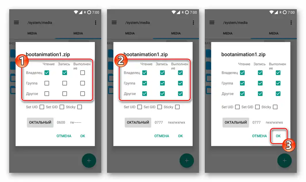 Android Root Explorer dodeljuje prava pristupa 777 datoteci putem postavljanja oznaka u checkbox-ima prozora Dozvole