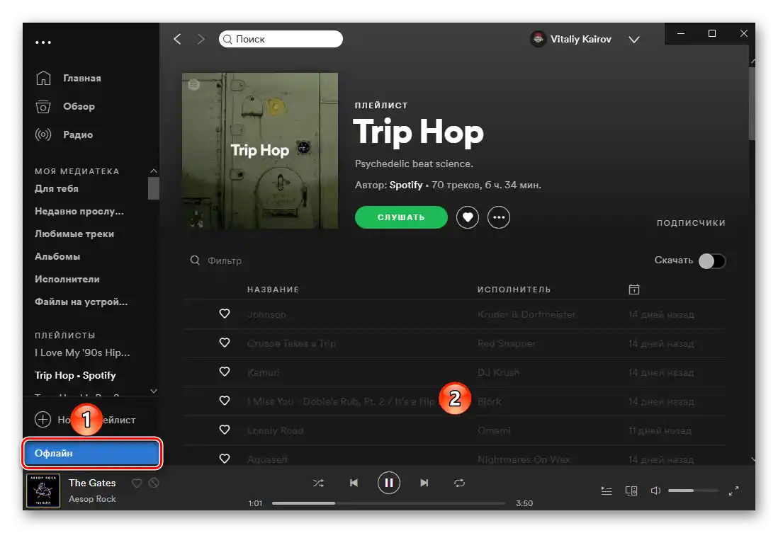 Offline način v programu Spotify za PC